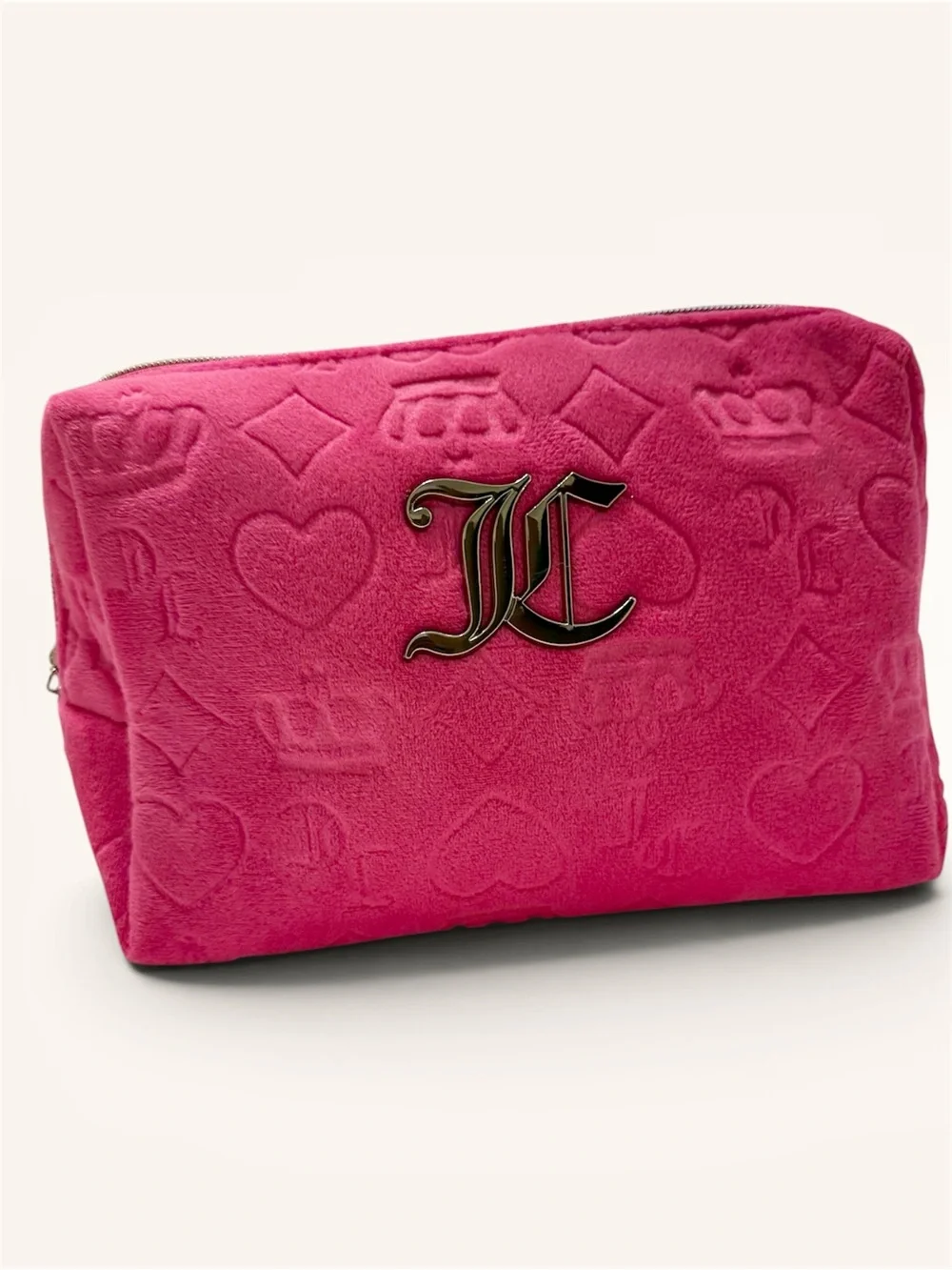 Juicy Couture Travel Cosmetic Bag NWT Hot Pink Hearts Velour Makeup Pouch 9”W